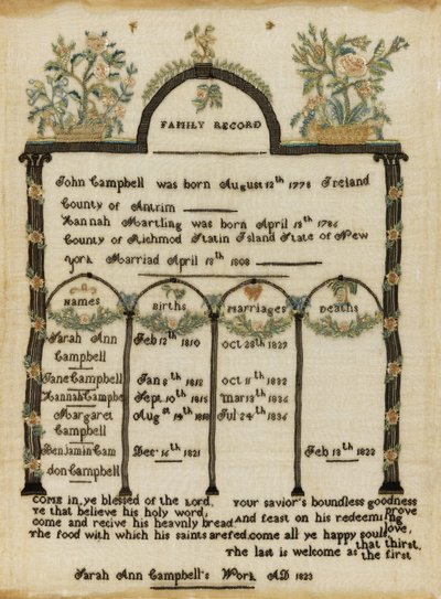 Family Register Sampler by Sarah Ann Campbell